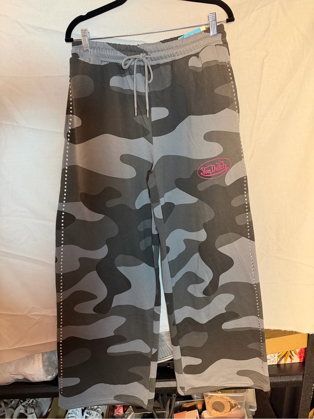 Von Dutch Gray Camo Wide-Leg Sweatpants with Pink Logo
